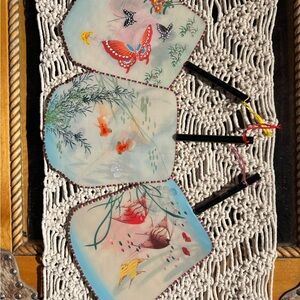 Vintage Asian Chinese Handpainted Stretched Silk Hand Fans X3